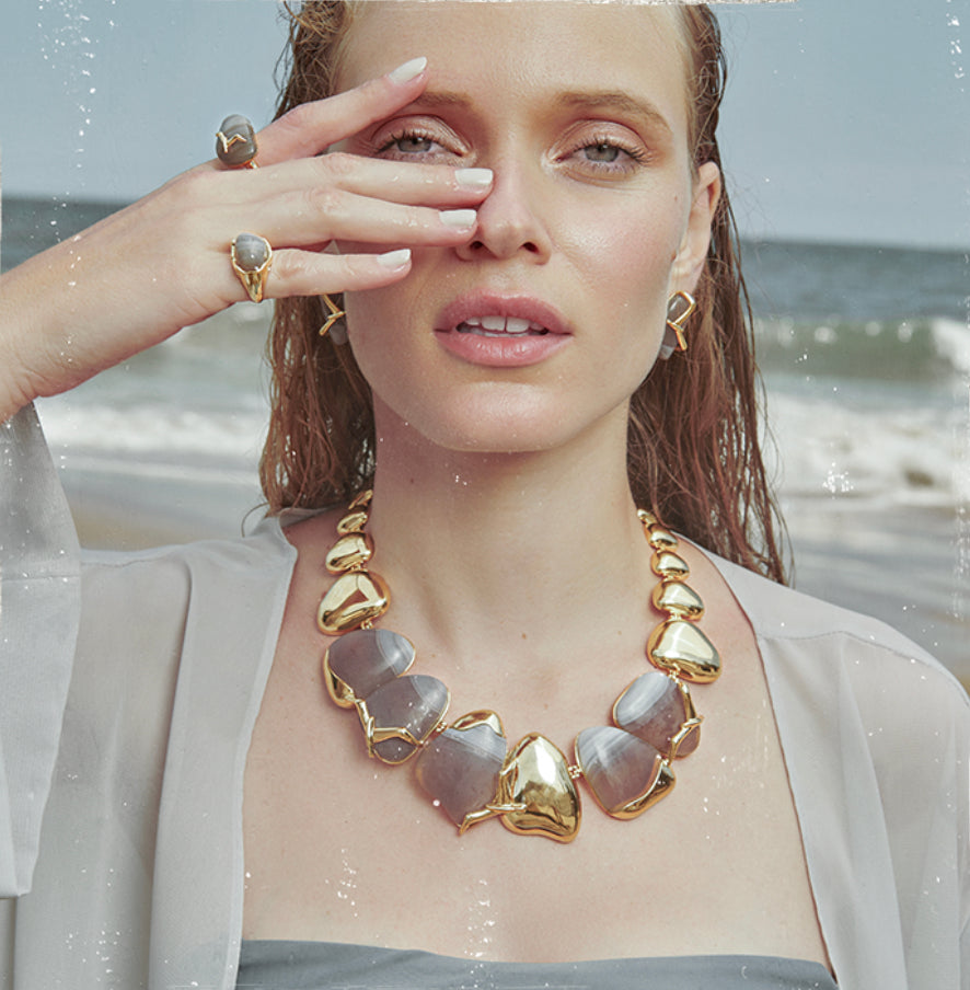 PAZ SET - GREY AGATE - NECKLACE - EARRING - EARRING SMAL - RING Size 8